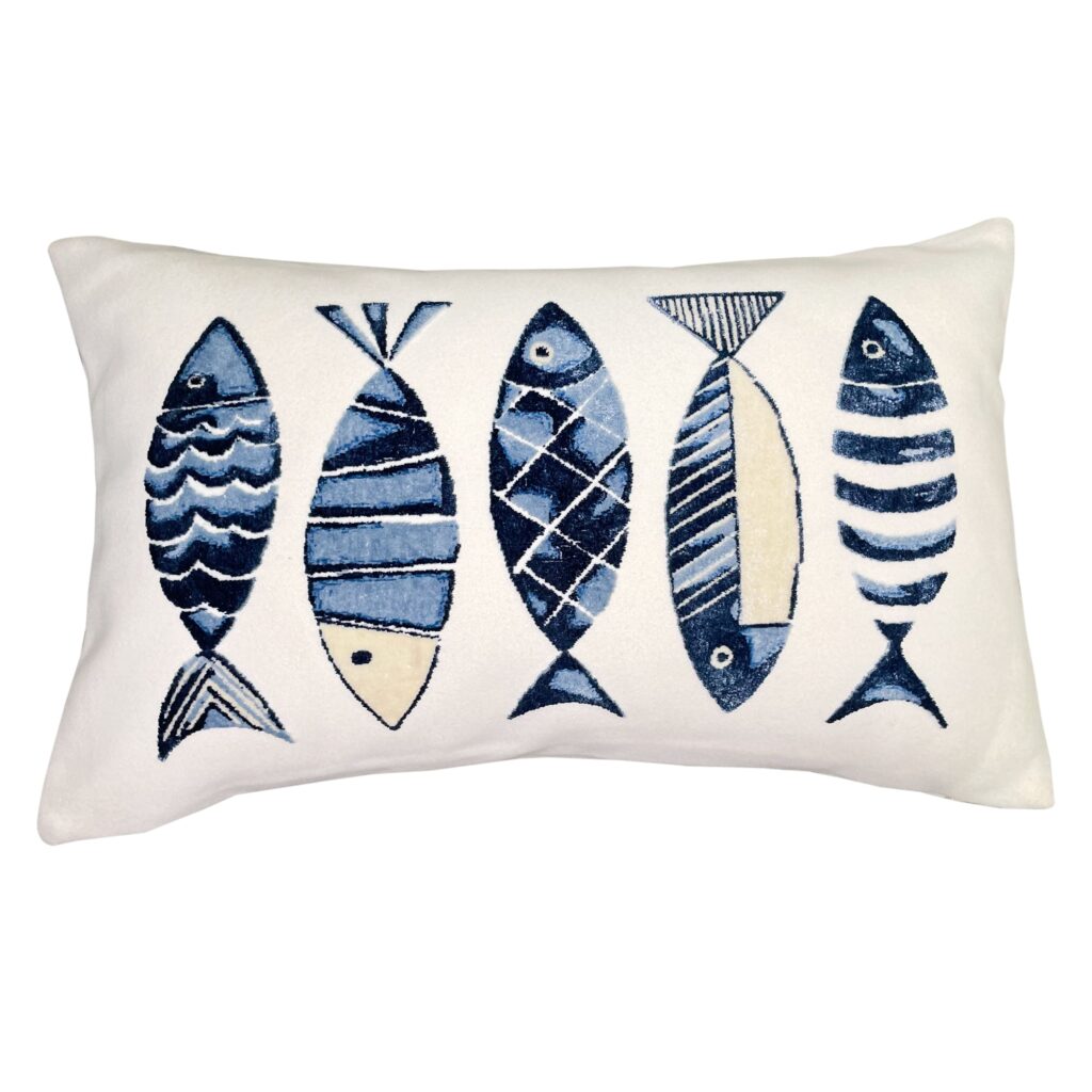 EMBROIDERED BLUE FISH ON WHITE CUSHION
