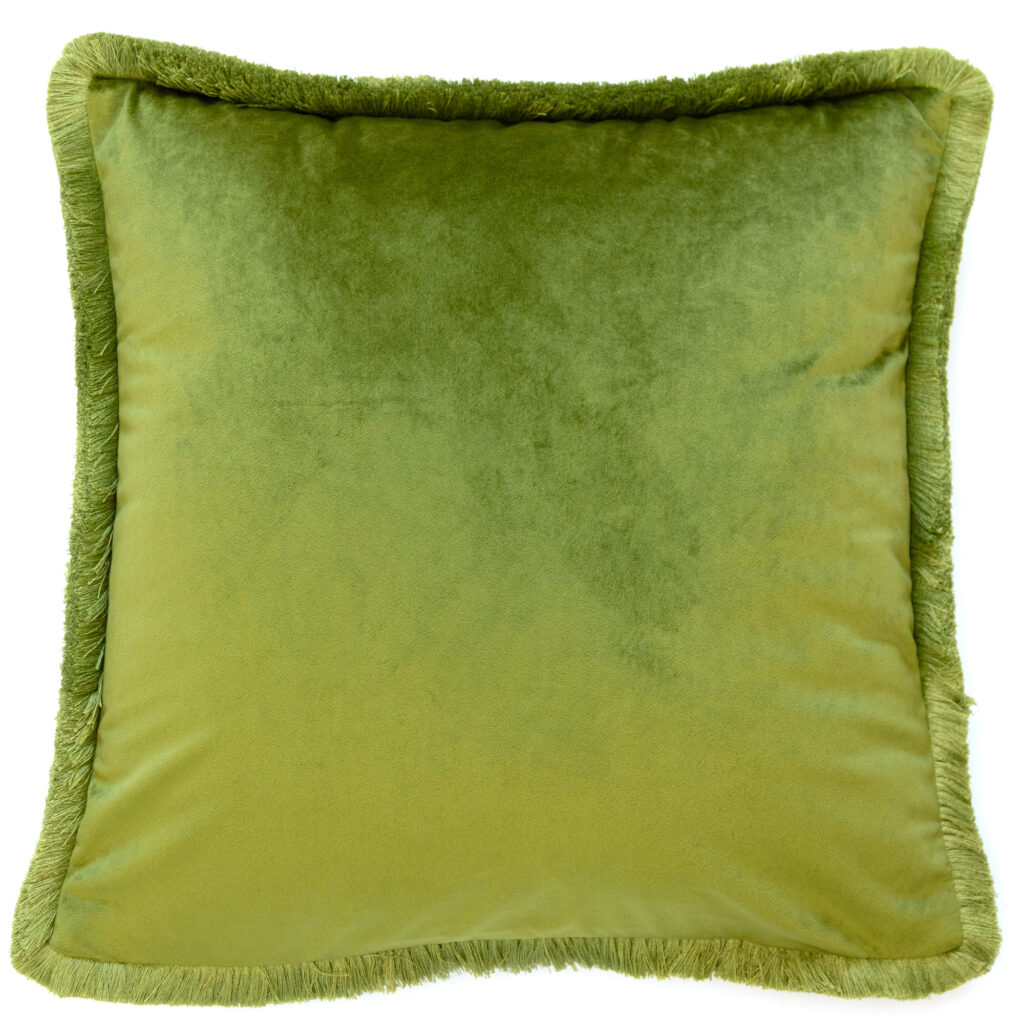 VELVET CUSH W. 4 SIDE FRINGES OLIVE 45 X 45