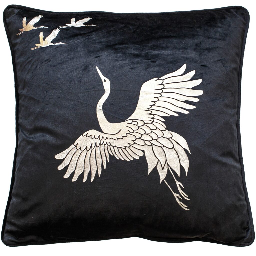 SILVER FOIL CRANE ON BLACK VELVET 45 X 45