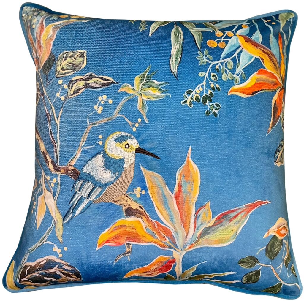EMB BIRDS ON TURQ 45 X 45