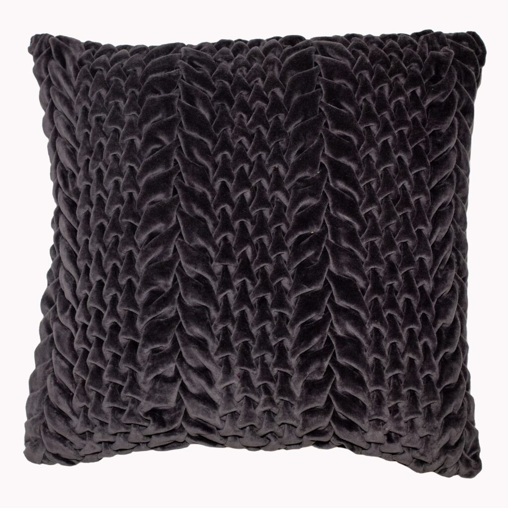 SMOCKED VELVET CUSHION CHARCOAL 45 X 45