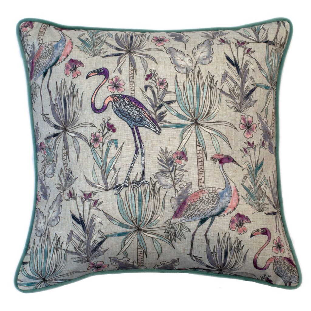 EMBROIDERED FLAMINGOS IN PINKS AND GREENS 45 X 45