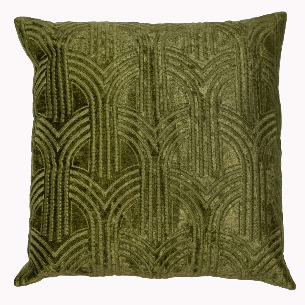 VELVET ART DECO AROLES  EMB  OLIVE 45 X 45