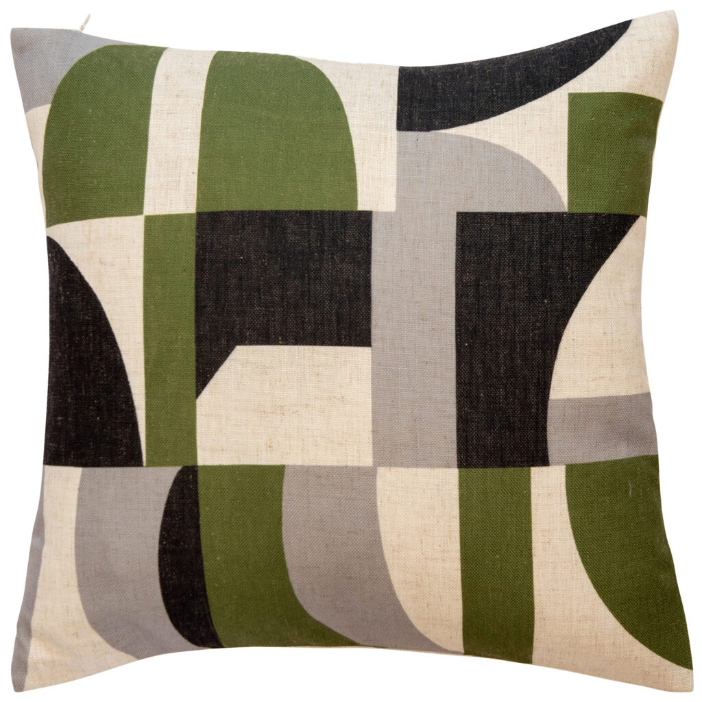 GEO PRINT ON FAUX LINEN OLIVE 45 X 45