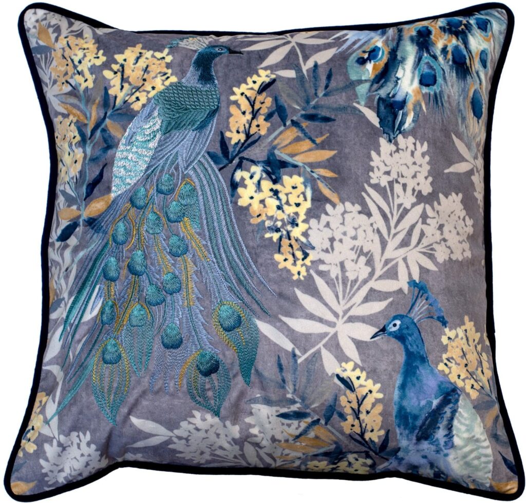 EMBROIDERED BLUE PEACOCKS ON VELVET 45 X 45