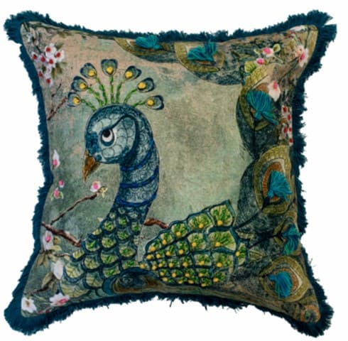 PRINTED PEACOCK CUSHION ON COTTON WITH EMBELISH