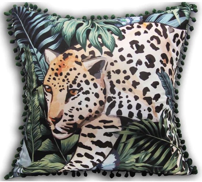 LEOPARD ON GREEN FOILAGE WITH POM POM EDGE 45 X 45